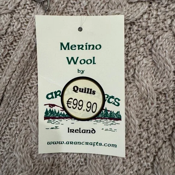 NWT Aran Crafts Irish-Knit Merino Wool Sweater, Full-Zip, Long, Beige - Picture 2 of 4